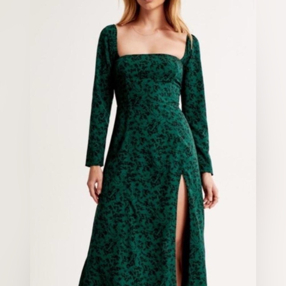 Abercrombie & Fitch Green Floral Midi Dress with Square Neck